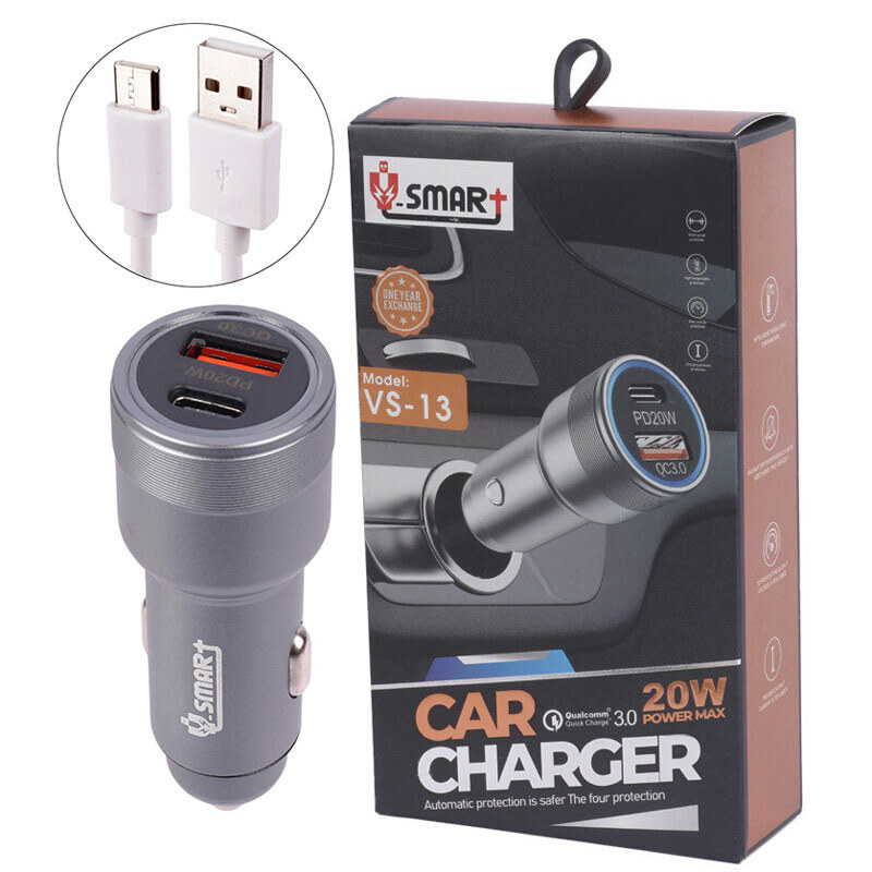 شارژر فندکی فست شارژ V-Smart VS-13 QC3.0 PD 3A 20W + کابل تایپ سی