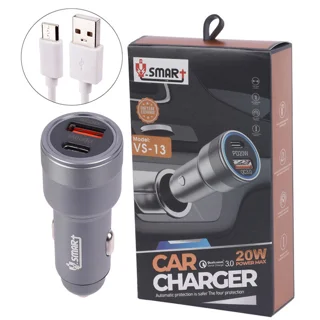 شارژر فندکی فست شارژ V-Smart VS-13 QC3.0 PD 3A 20W + کابل تایپ سی